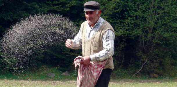 A farmer scattering seeds